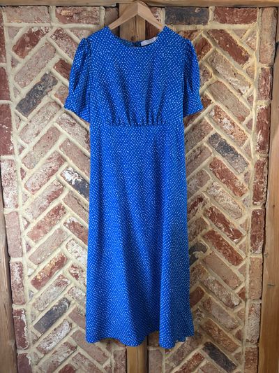 Blue & White Spot Midi Dress Size 14 Tie Waist Puff Sleeve NWT wedding party cruise holiday