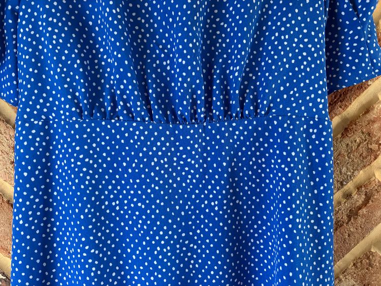 Blue & White Spot Midi Dress Size 14 Tie Waist Puff Sleeve NWT wedding party cruise holiday imagen 3