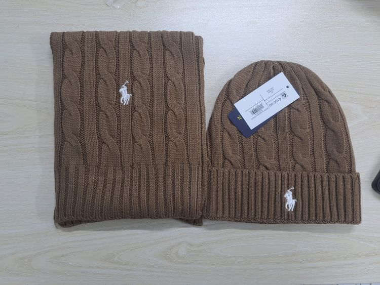 Polo Ralph Lauren Brown Cable Knit Scarf And Beanie Set