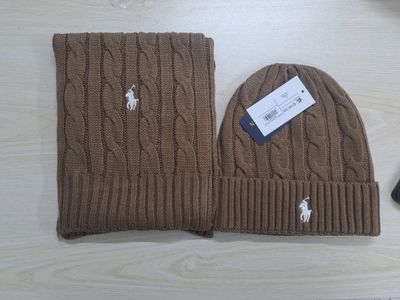 Polo Ralph Lauren Brown Cable Knit Scarf And Beanie Set
