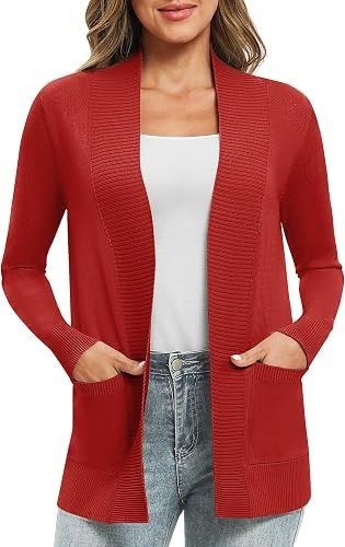 Red Open Front Cardigan Sweater obraz 3