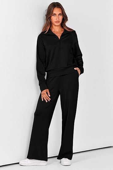 Set Black Zip-Up Collar Sweatshirt And Wide-Leg Pants Set product image