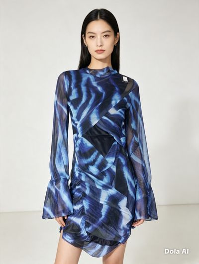 Blue Patterned Long Sleeve Dress