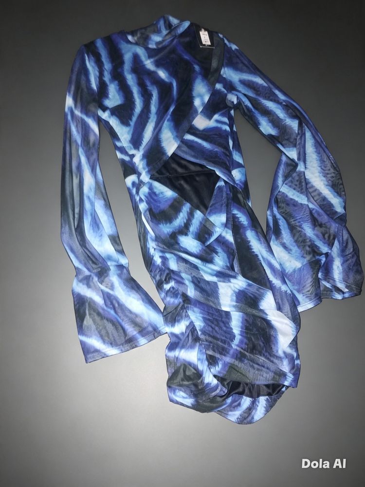 Blue Patterned Long Sleeve Dress image 2