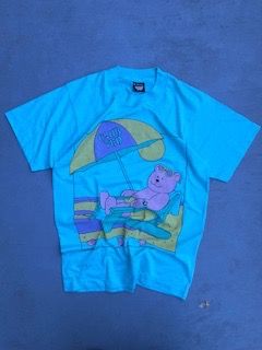 Blue Graphic T-Shirt With Bear And Umbrella Design