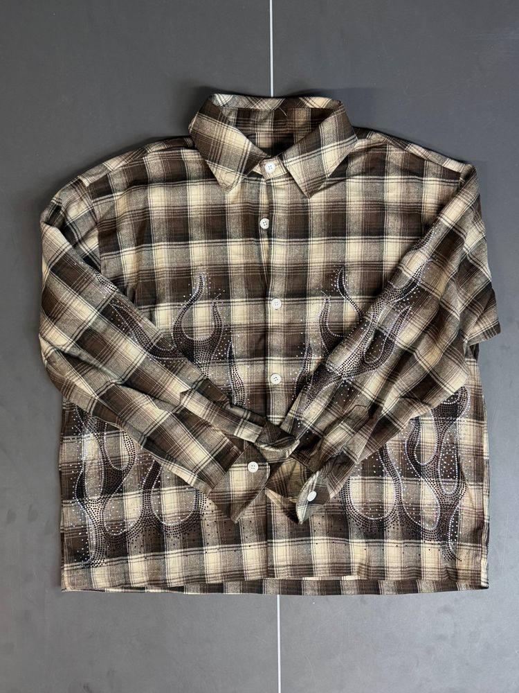 Brown Plaid Button-Up Shirt With Flame Pattern