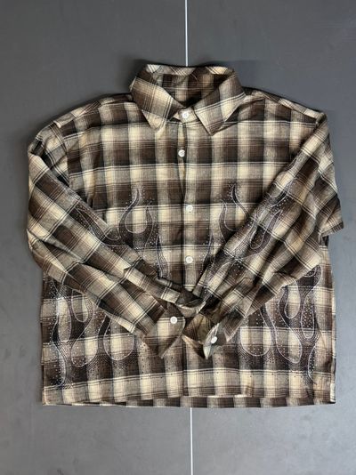 Brown Plaid Button-Up Shirt With Flame Pattern
