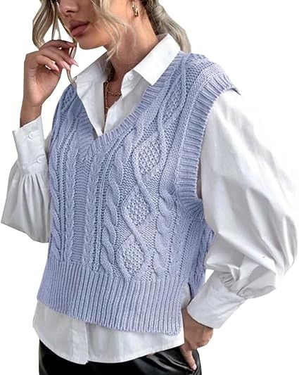 Immagine di Light Blue Cable Knit Sleeveless Sweater Vest 2