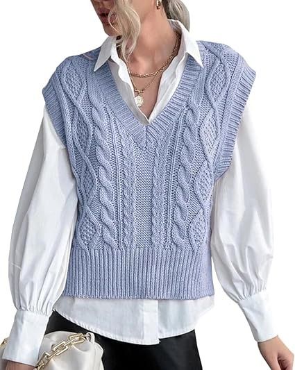 Immagine di Light Blue Cable Knit Sleeveless Sweater Vest 3