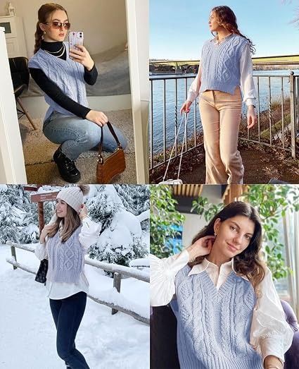 Immagine di Light Blue Cable Knit Sleeveless Sweater Vest 5