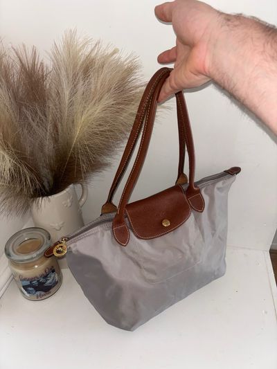 Grey Tote Bag With Brown Leather Handles And Flap