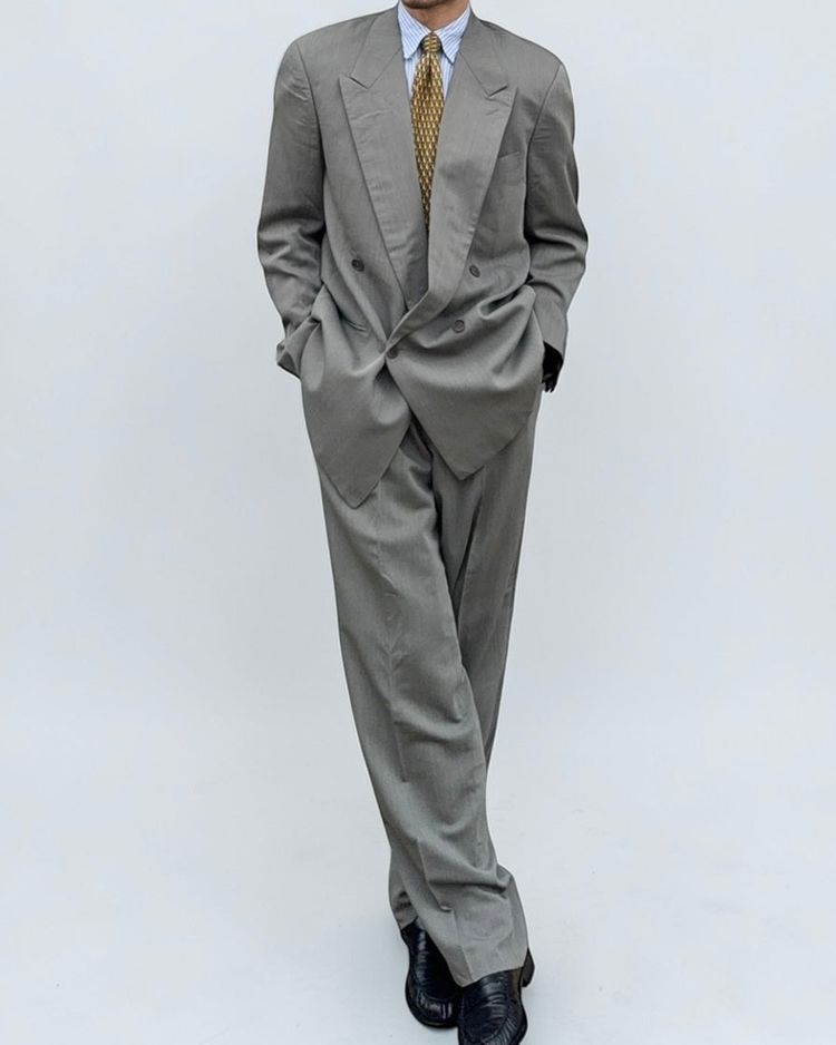 Giorgio Armani Giorgio Armani 1980s Double Breasted Loden Grey Pleated Wool Suit - Size XL Jacket / 36 Waist product image