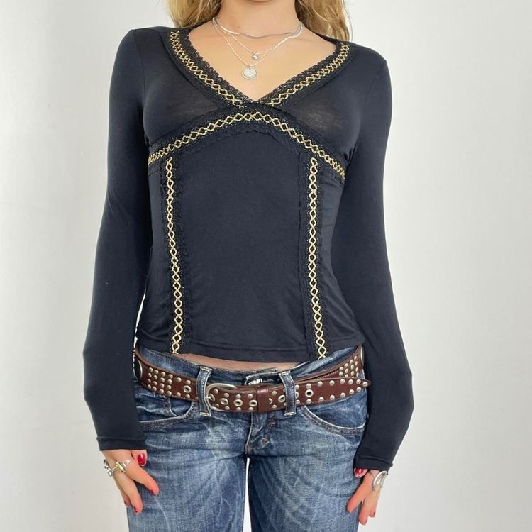 Black Long Sleeve Top With Gold Chain Detail