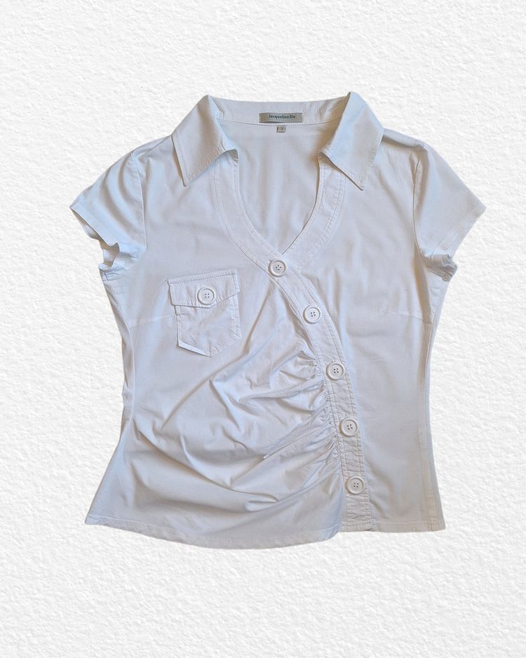 100% Cotton - White Short Sleeve Blouse With Buttons And Pocket