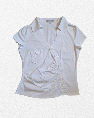 100% Cotton - White Short Sleeve Blouse With Buttons And Pocket