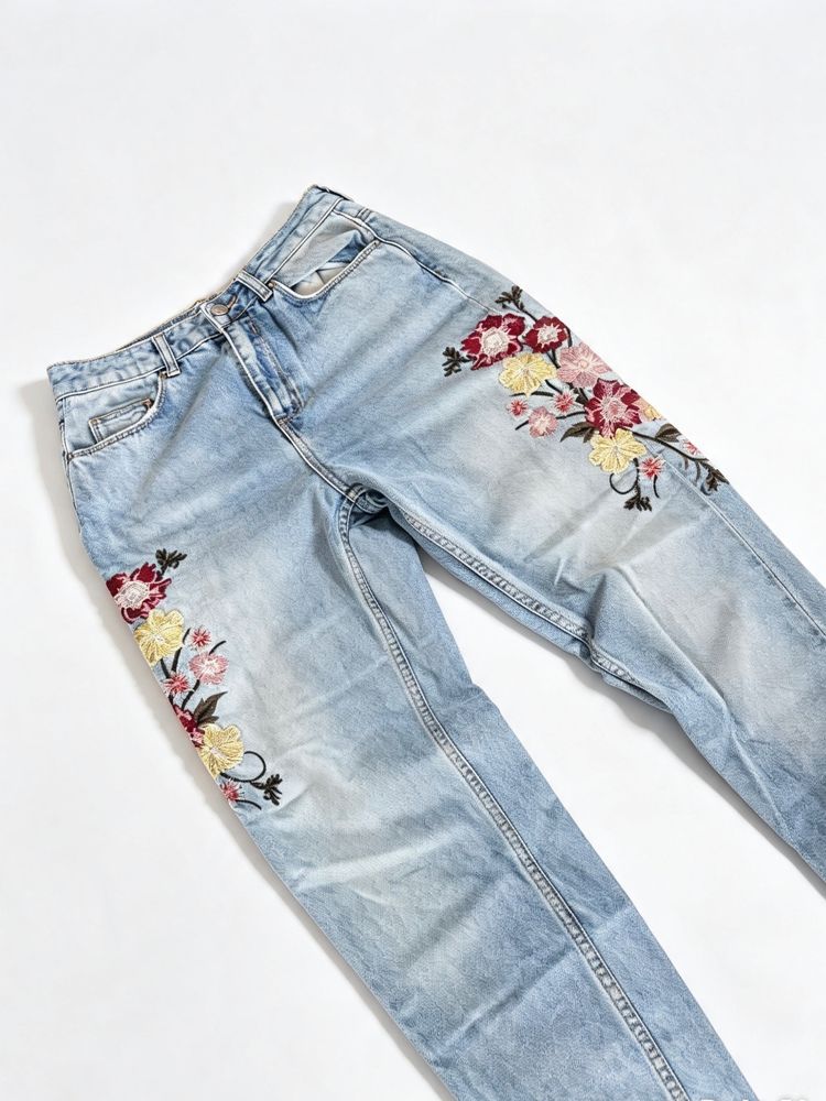 y2k Light Blue Jeans With Floral Embroidery