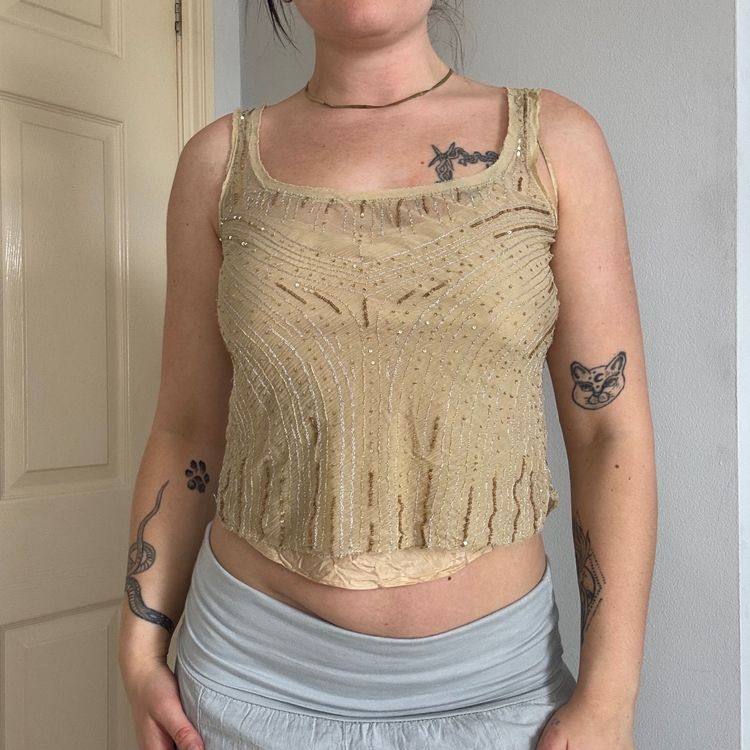 Beige Sleeveless Sequin Top