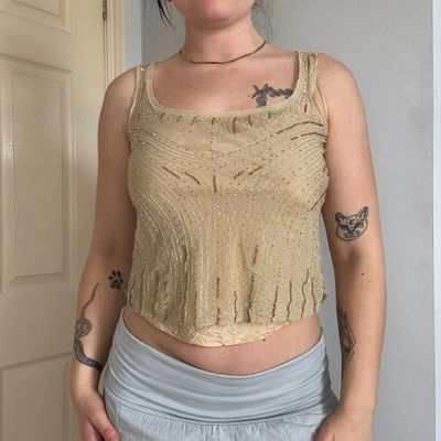 Beige Sleeveless Sequin Top