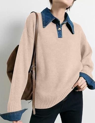 Beige Sweater With Denim Collar And Cuffs image 2