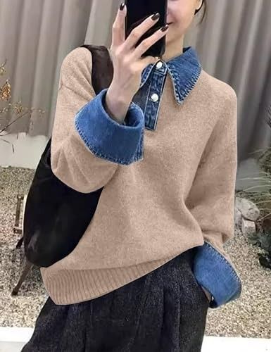 Beige Sweater With Denim Collar And Cuffs image 3