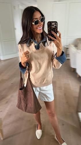 Beige Sweater With Denim Collar And Cuffs image 4