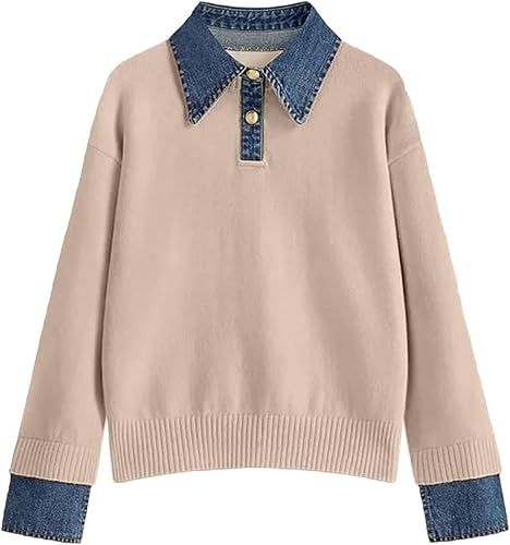 Beige Sweater With Denim Collar And Cuffs