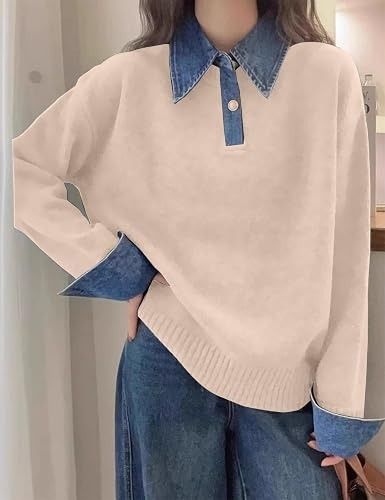 Beige Sweater With Denim Collar And Cuffs image 5