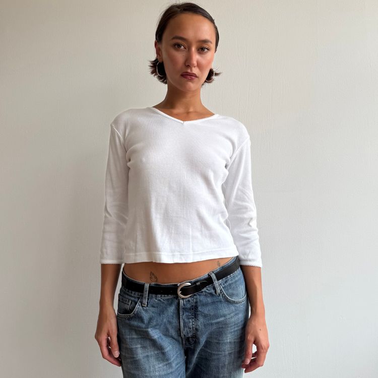 White 3/4 sleeve picot trim top - Size S image 1