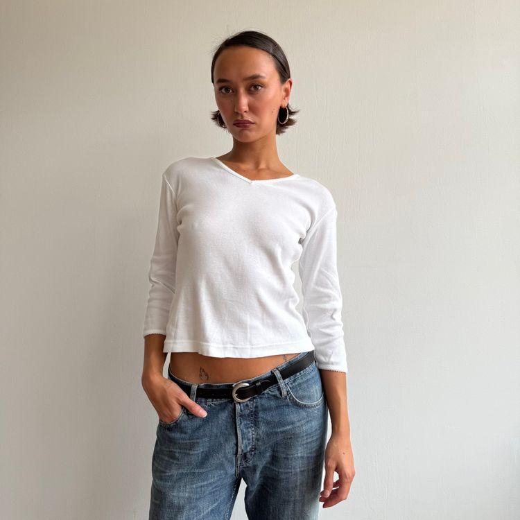 White 3/4 sleeve picot trim top - Size S image 10