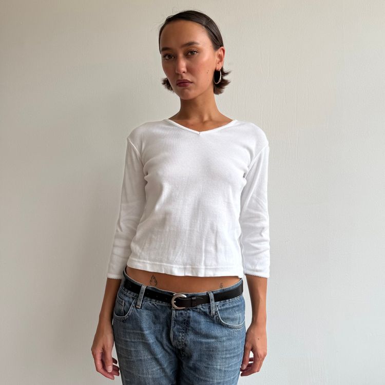 White 3/4 sleeve picot trim top - Size S image 7