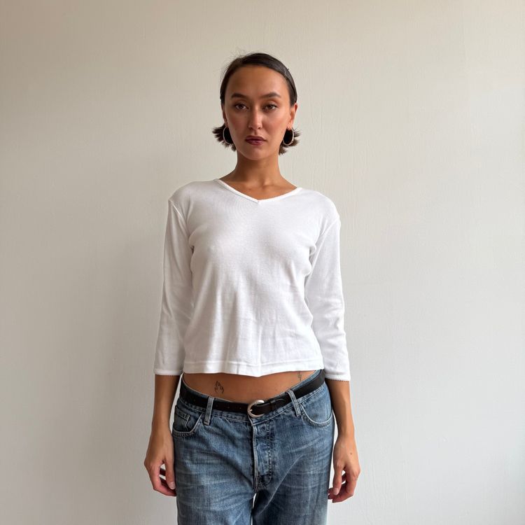 White 3/4 sleeve picot trim top - Size S image 2