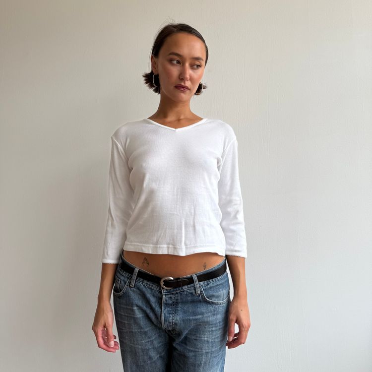 White 3/4 sleeve picot trim top - Size S image 8
