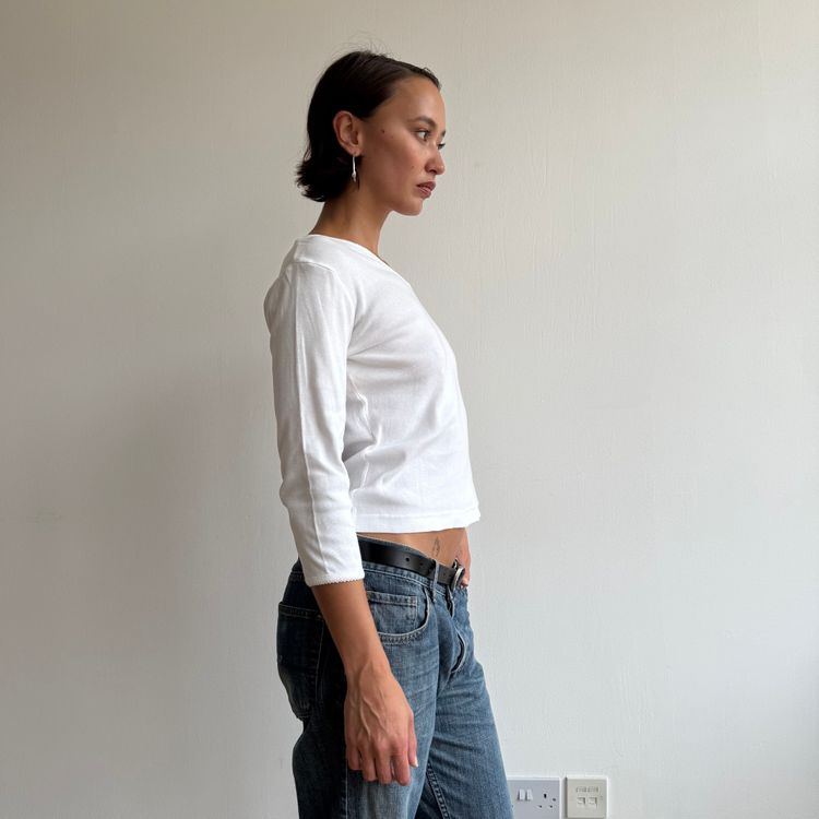 White 3/4 sleeve picot trim top - Size S image 6