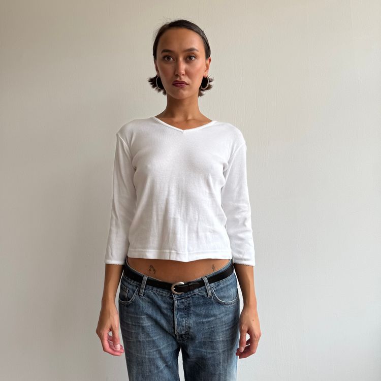 White 3/4 sleeve picot trim top - Size S image 5