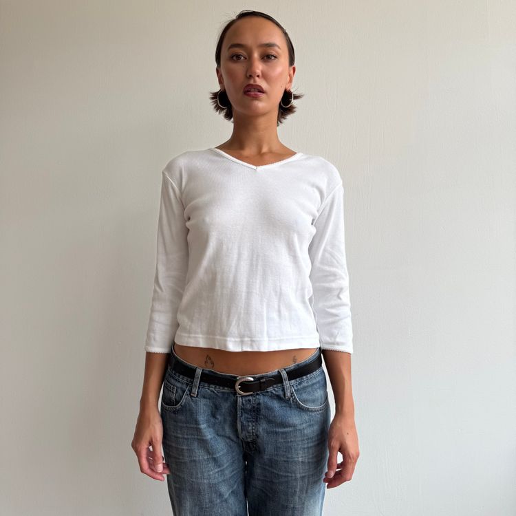 White 3/4 sleeve picot trim top - Size S image 3