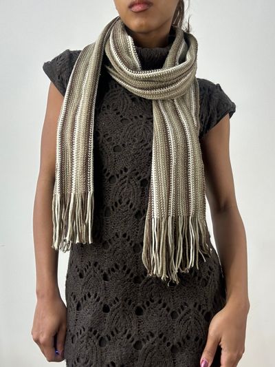 BEST PICKS | brown and white striped knit tassel scarf 1