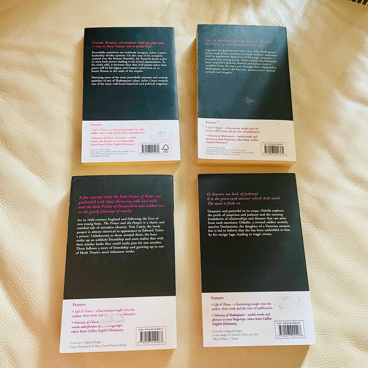 Bundle of 4 Collins Classics Soft Cover Books William Shakespeare Mark Twain Othello Caesar image 2