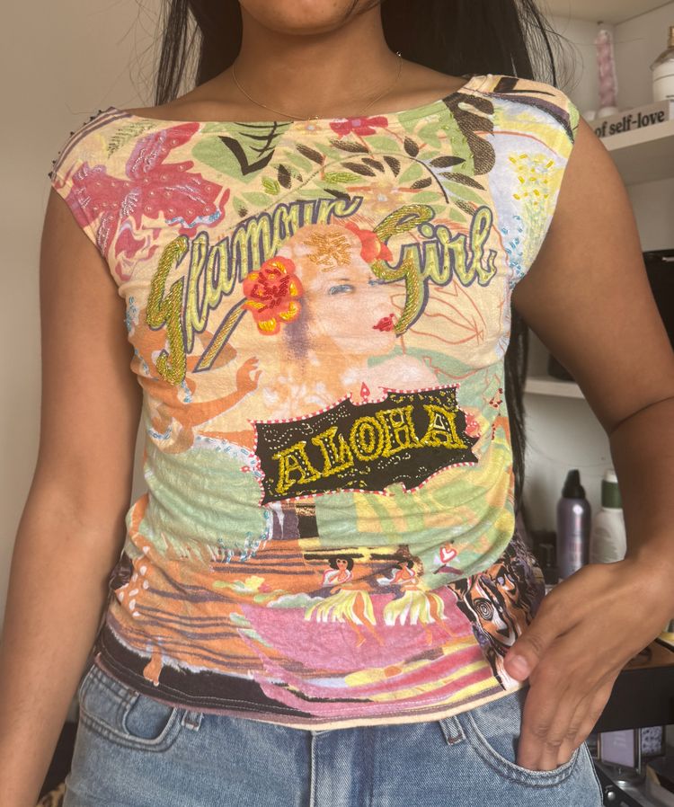 Colorful beaded Graphic Print Sleeveless Top imagen 4
