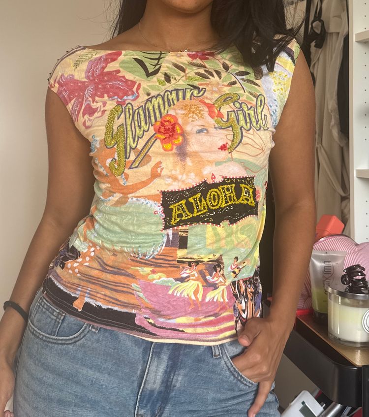 Colorful beaded Graphic Print Sleeveless Top