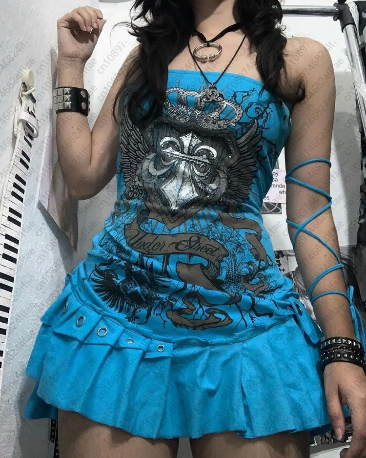 Blue Sleeveless Dress With Crown And Wings Graphic image 3