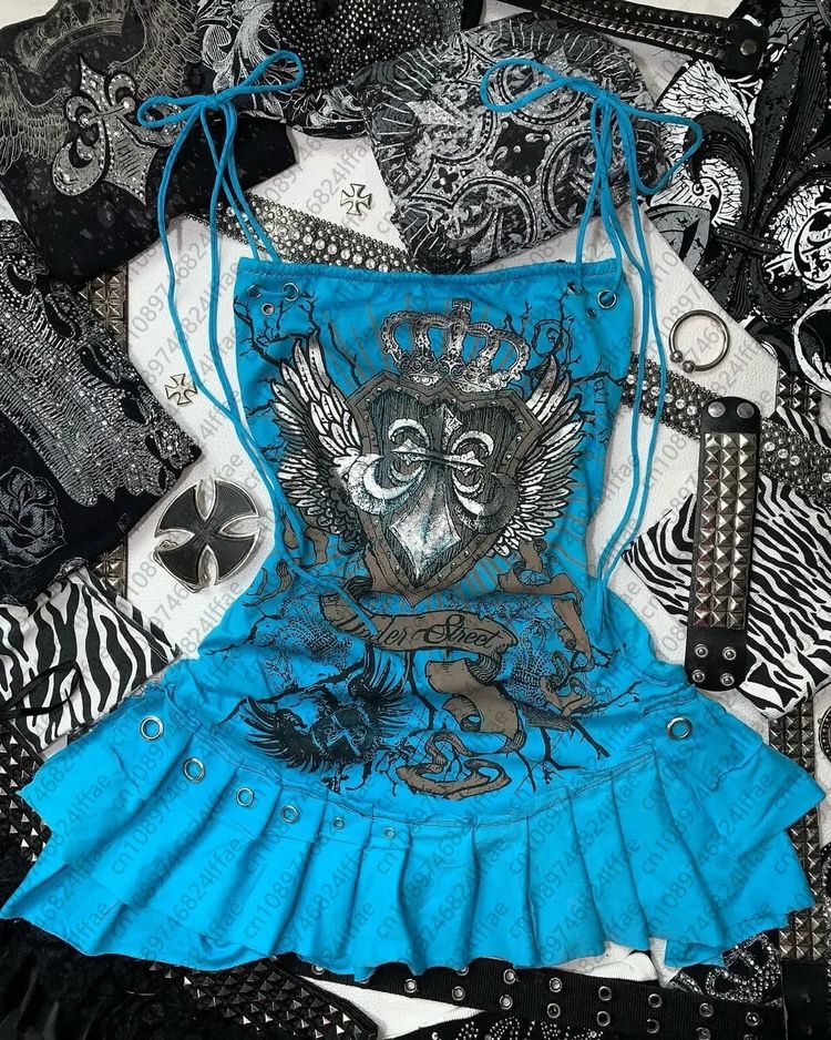 Blue Sleeveless Dress With Crown And Wings Graphic image 2