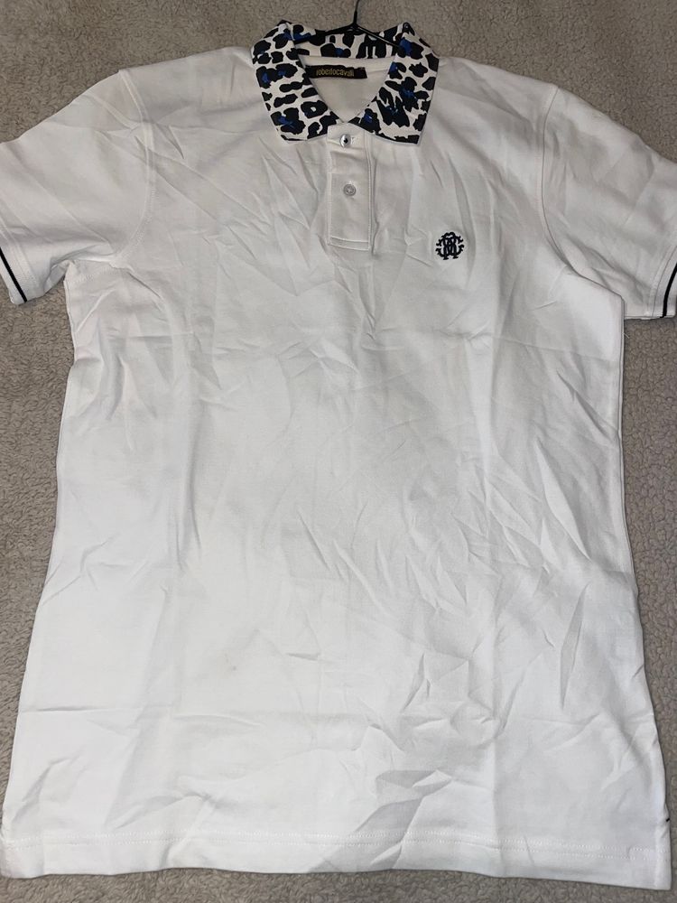 Roberto Cavalli White Polo Shirt With Patterned Collar