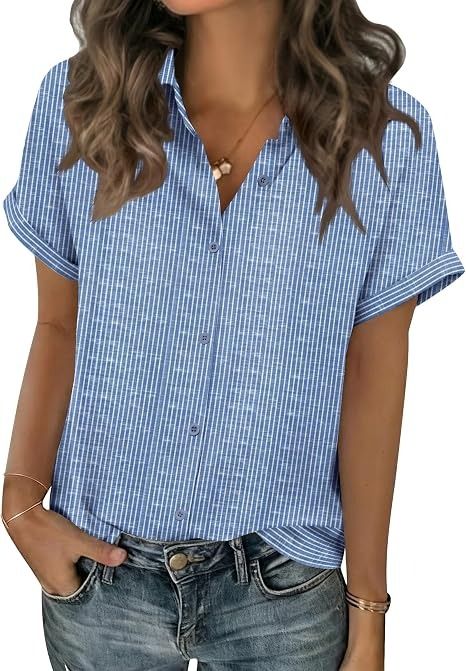 Blue Striped Short Sleeve Button-Up Shirt obraz 4