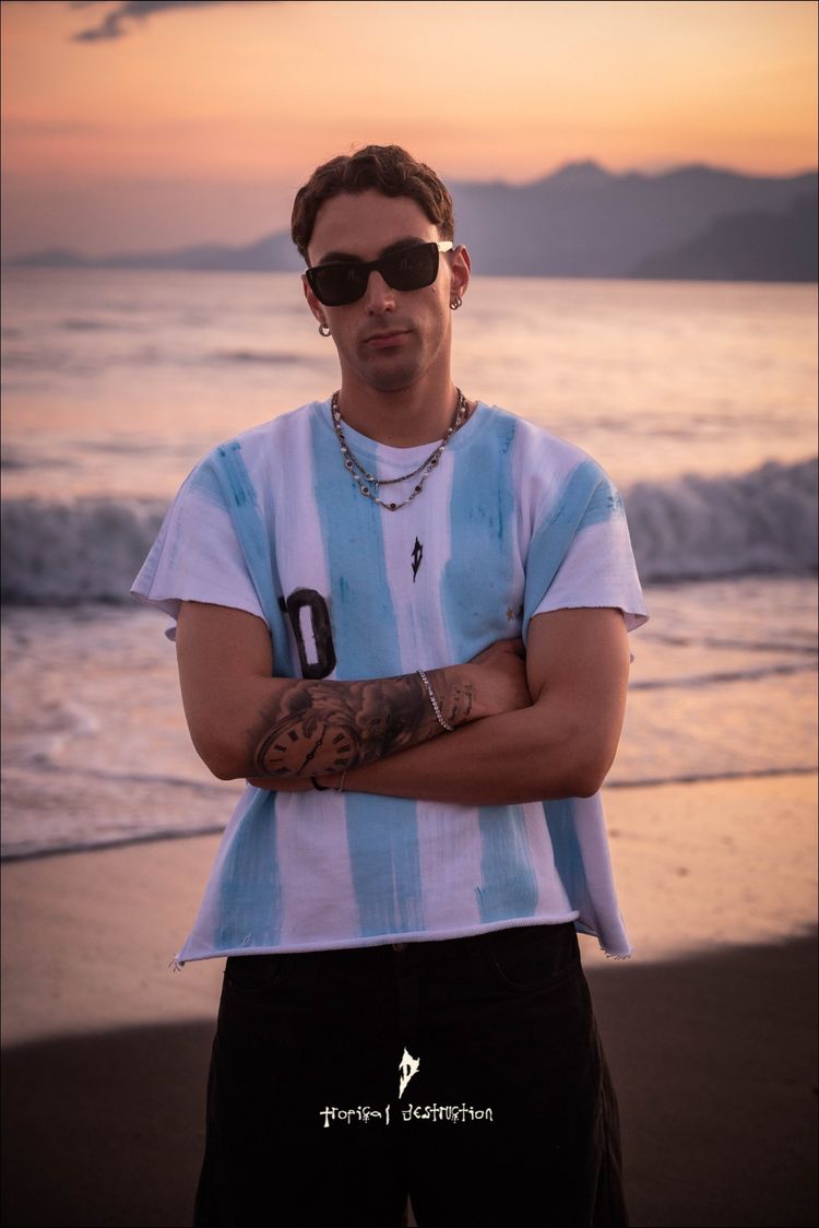 Blue And White Striped T-Shirt With Number 10 Print