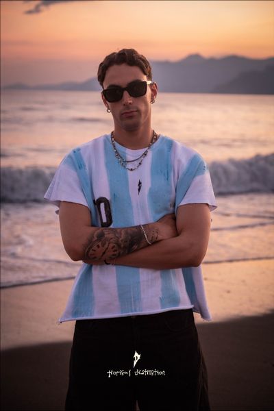 Blue And White Striped T-Shirt With Number 10 Print