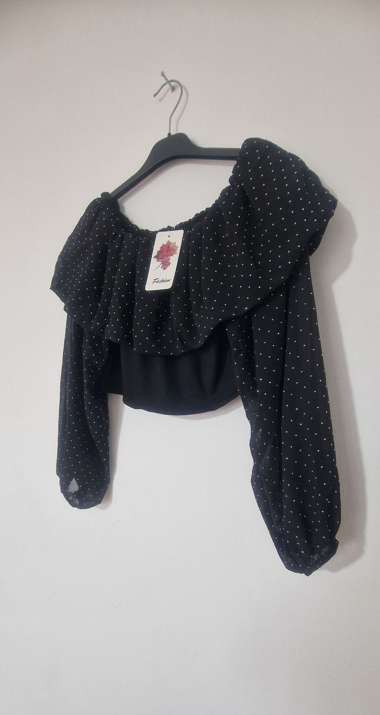 Black Off-Shoulder Blouse With White Polka Dots 2