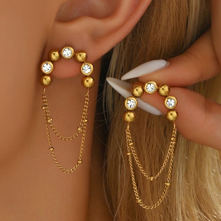 Gold-Tone Earrings With Crystal Accents And Chain Detail image 1