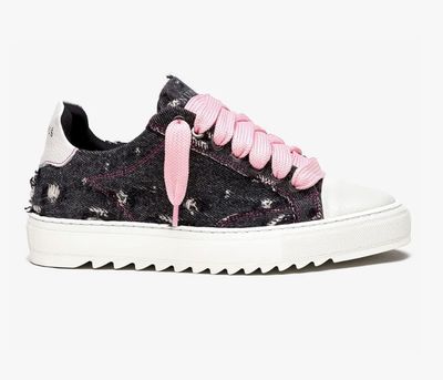 Black Distressed Sneaker With Pink Laces