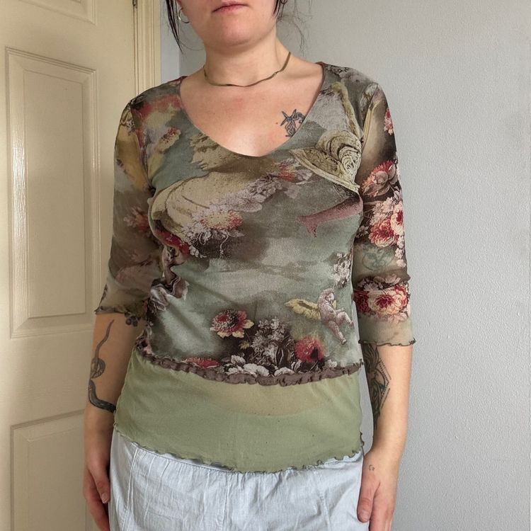 Floral Print Mesh Long Sleeve Top