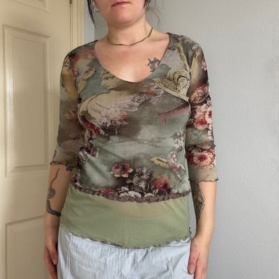 Floral Print Mesh Long Sleeve Top